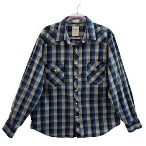 FOSSIL SHIRT, Mens XL, Vintage Fit Blue Western Plaid Pearl Snap w/ Long Sleeves